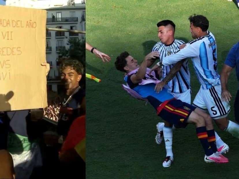 Lamine Yamal con un cartel sobre Paredes en el festejo de España
