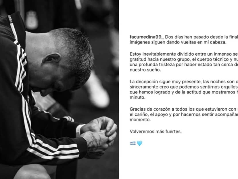 El descargo de Facundo Medina tras el golpe en la final: "Una profunda tristeza" y "volveremos más fuertes"