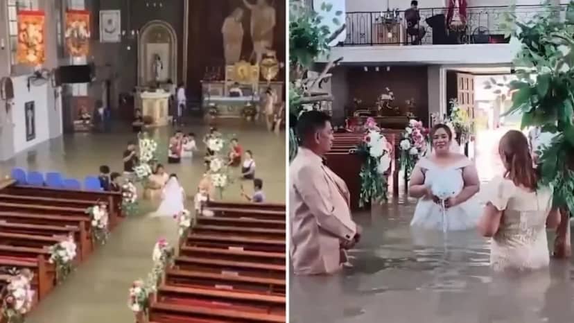 En la salud, en la enfermedad y en la inundación: se casaron en una iglesia con el agua hasta la cintura