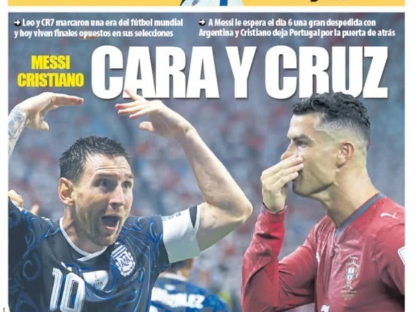 La tapa de un diario de España que contrasta el final de Messi con Argentina y el de Cristiano con Portugal