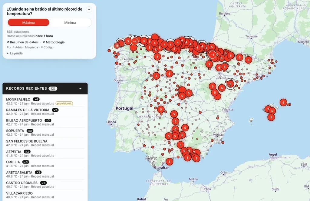 Cada verano España es más un horno. Este mapa de récords de AEMET lo demuestra estación por estación