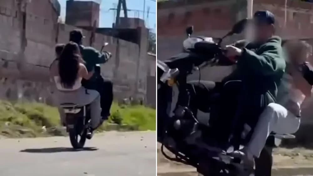Hicieron una peligrosa maniobra en moto con un bebé en brazos