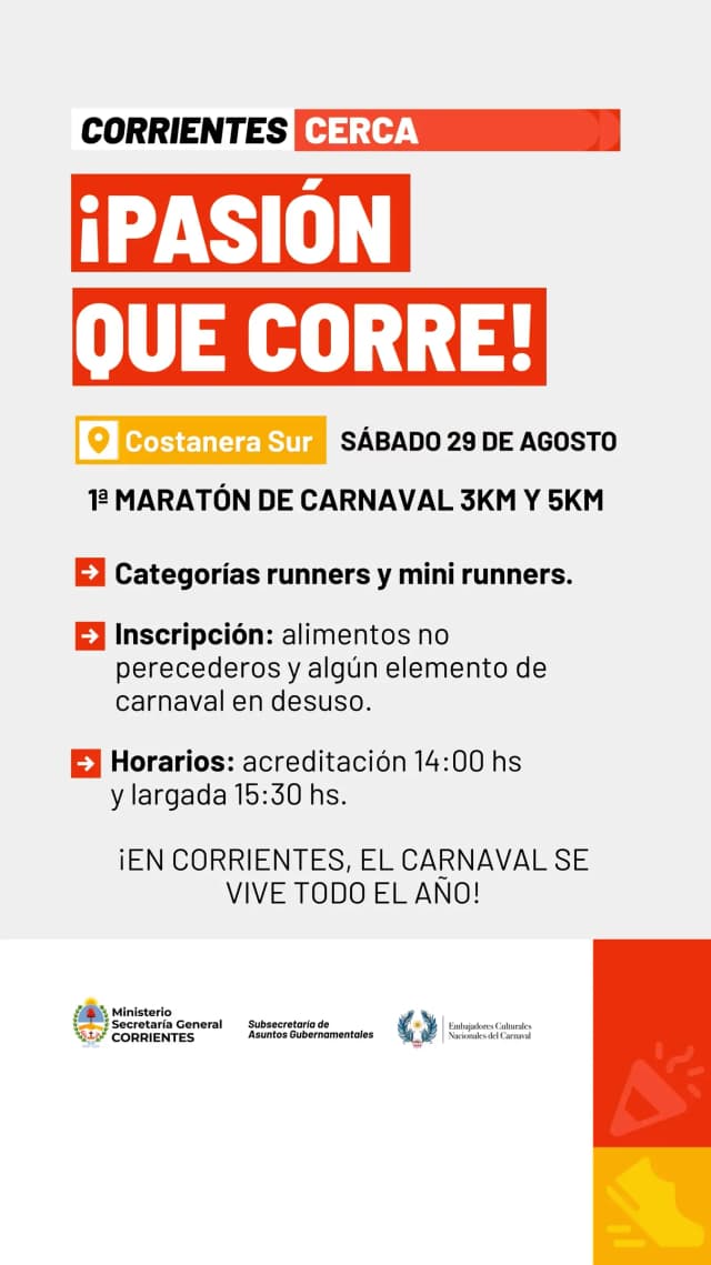 “Pasión que Corre”: llega la primera Maratón de Carnaval a la Costanera de Corrientes