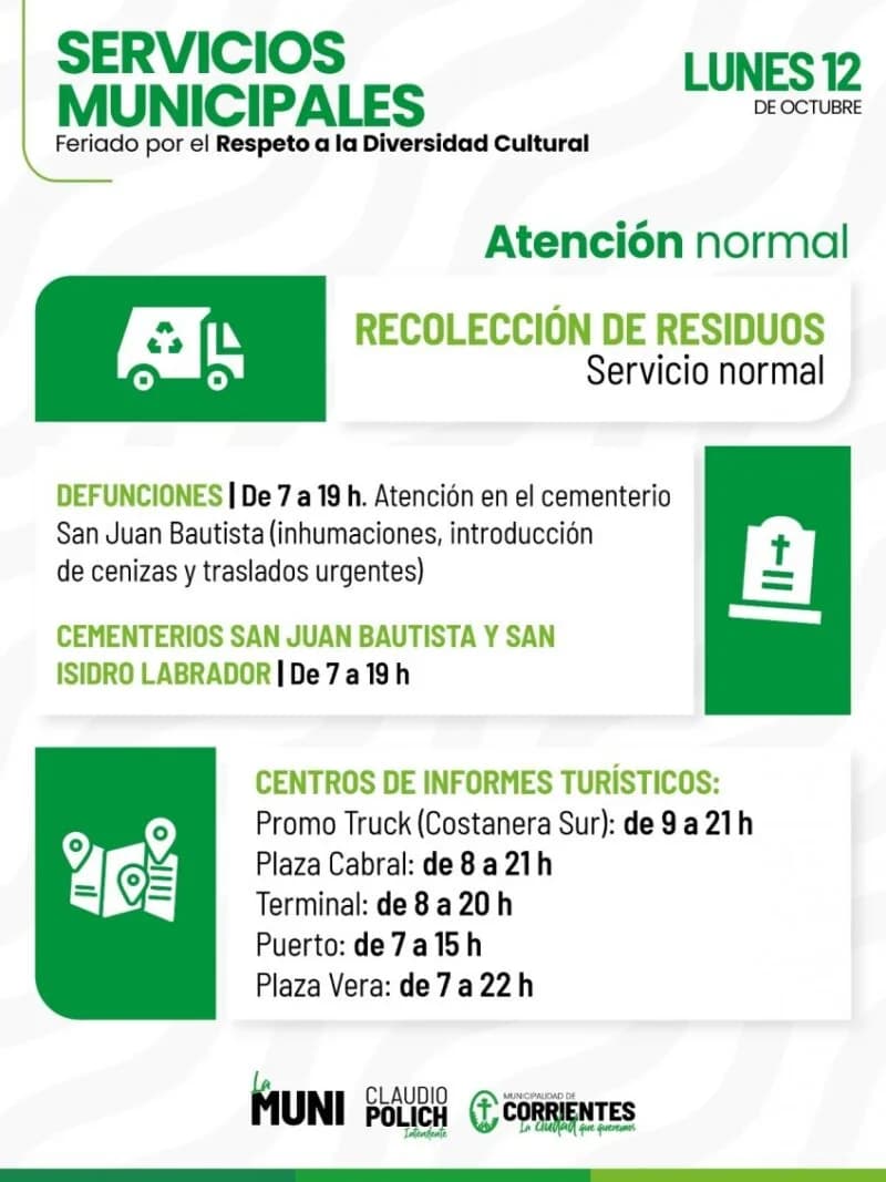 Así serán los servicios municipales en el feriado del lunes 12