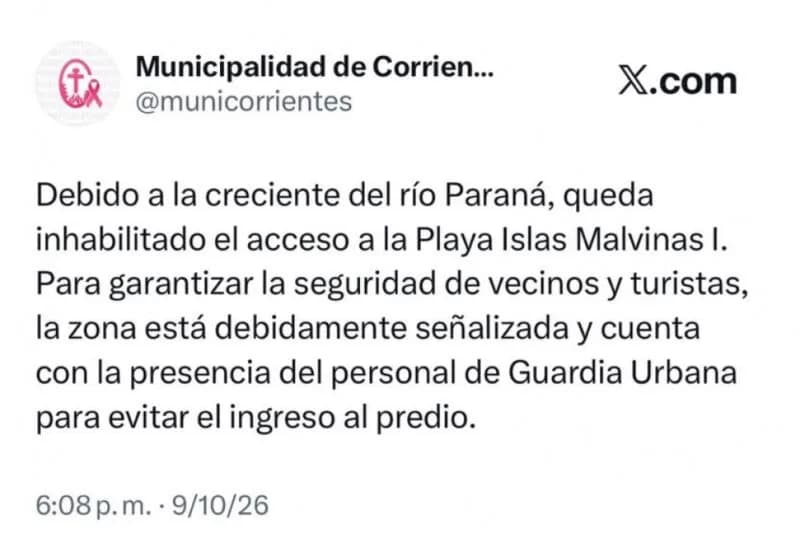 Crecida del Paraná: prohibieron el acceso a una playa pública correntina