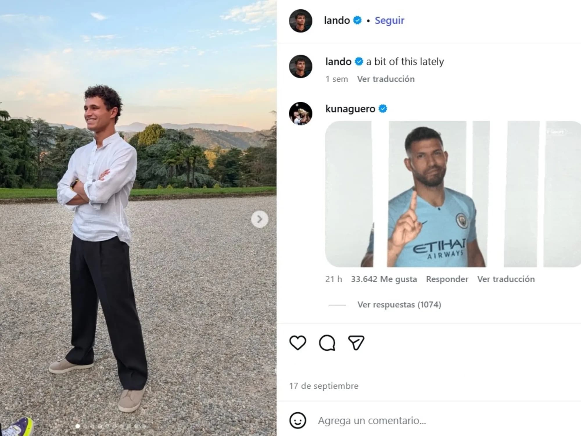 Hasta el Kun Agüero le contestó a Lando Norris tras su crítica a Franco Colapinto