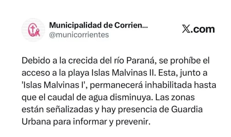 El avance del Paraná obliga a clausurar una segunda playa en la Capital