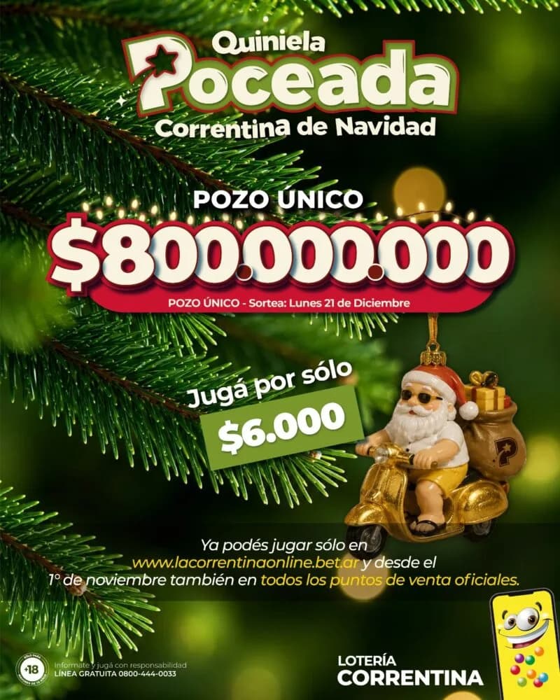 Lotería Correntina lanzó su Quiniela Poceada de Navidad con un pozo histórico de $800 millones