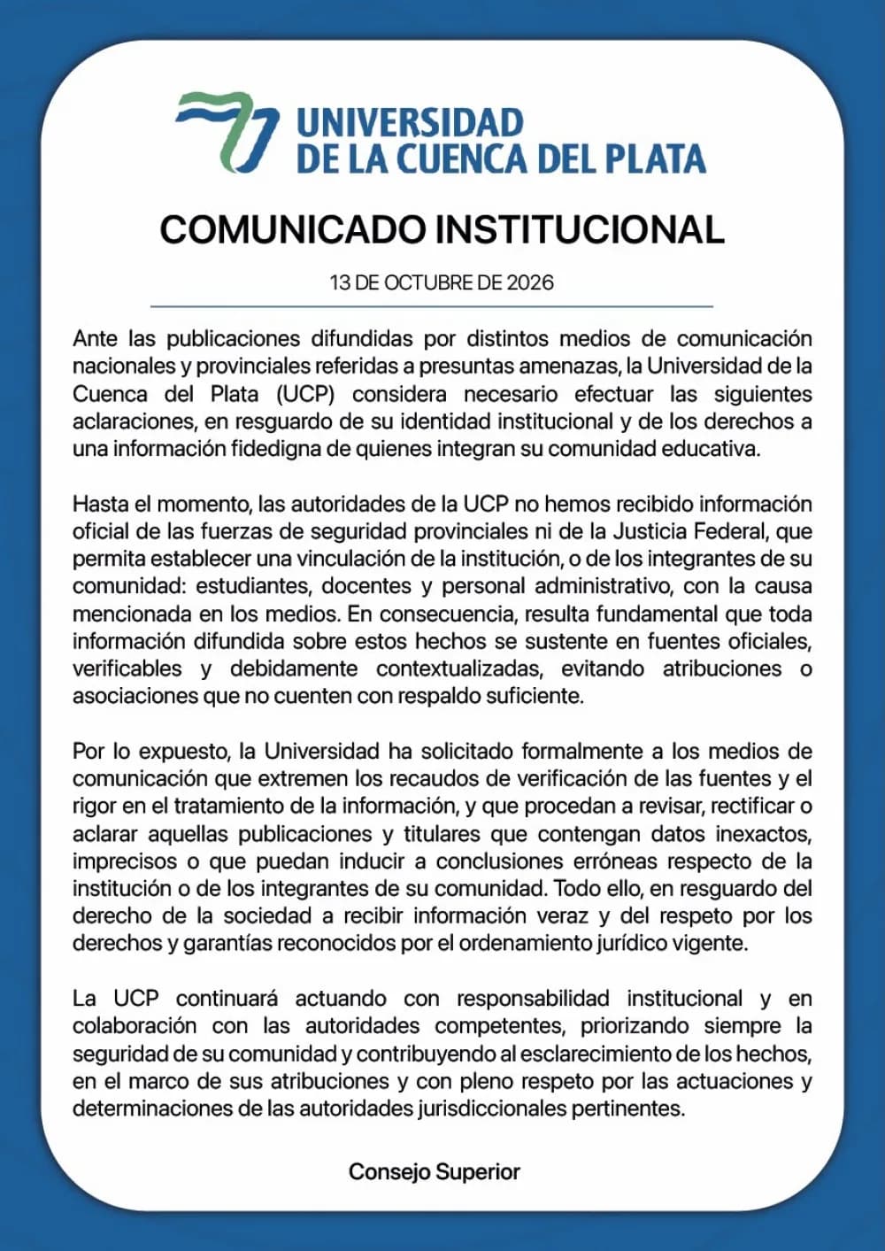 Comunicado de la Cuenca del Plata por recientes publicaciones