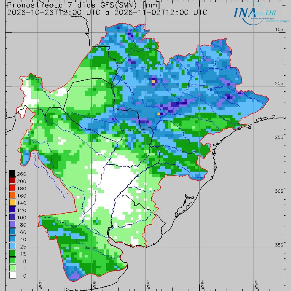 Siguen las lluvias aunque más moderadas, pero influyendo desde las altas cuencas en el Paraná y el Uruguay
