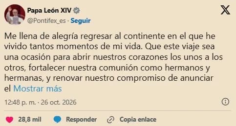 El papa León XIV confirmó su visita al país: «Me llena de alegría regresar»